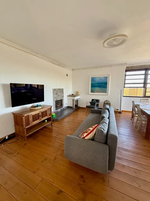 Living room with a wood-burning fireplace, TV and sofa