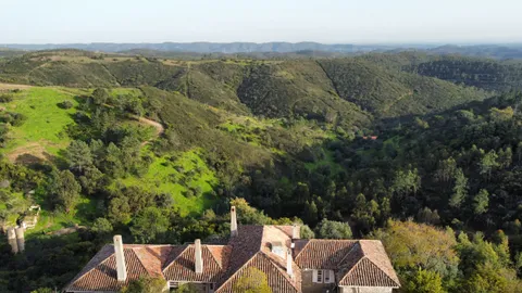 Aerial view from above the house's rooftops, looking out over the wooded valley